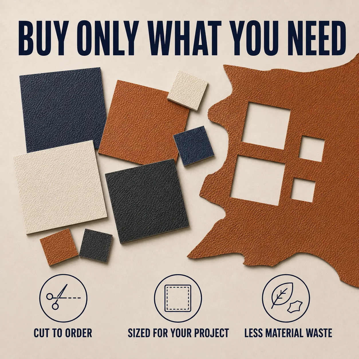 Leather squares cut from a hide, buy only what you need